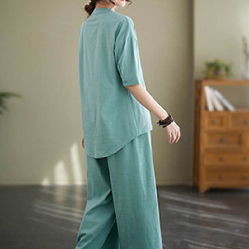 Ensemble 2 pièces décontracté à boutons et manches mi-longues, motif Buddha Stones , pantalon large avec poches, en coton, vêtements zen pour femmes - image 11