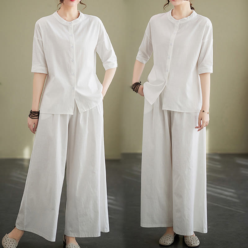 Ensemble 2 pièces décontracté à boutons et manches mi-longues, motif Buddha Stones , pantalon large avec poches, en coton, vêtements zen pour femmes - image 7