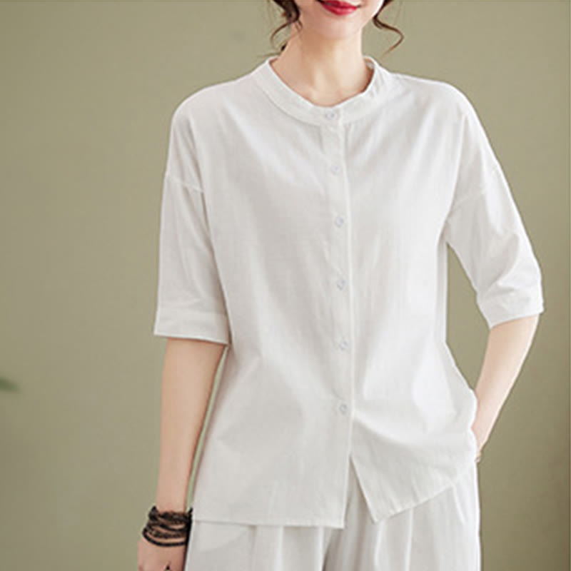 Ensemble 2 pièces décontracté à boutons et manches mi-longues, motif Buddha Stones , pantalon large avec poches, en coton, vêtements zen pour femmes - image 6