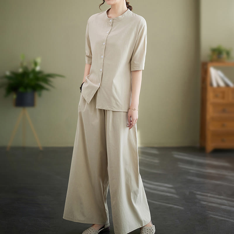 Ensemble 2 pièces décontracté à boutons et manches mi-longues, motif Buddha Stones , pantalon large avec poches, en coton, vêtements zen pour femmes - image 17