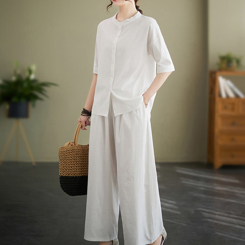 Ensemble 2 pièces décontracté à boutons et manches mi-longues, motif Buddha Stones , pantalon large avec poches, en coton, vêtements zen pour femmes - image 1