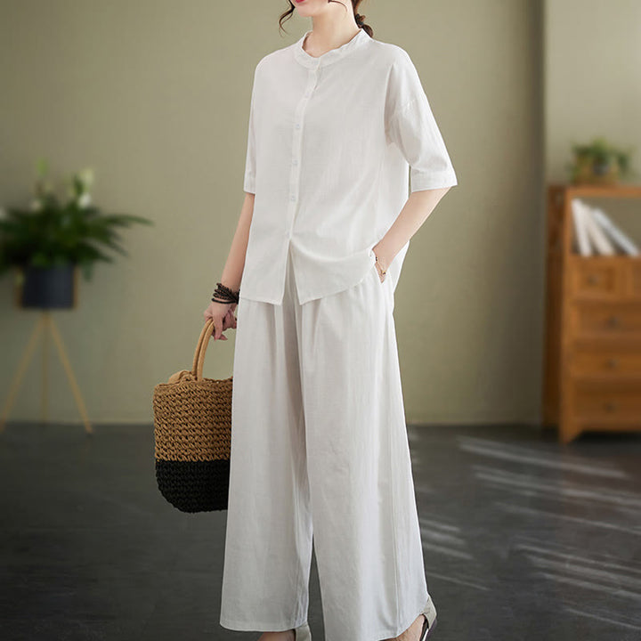 Ensemble 2 pièces décontracté à boutons et manches mi-longues, motif Buddha Stones , pantalon large avec poches, en coton, vêtements zen pour femmes - image 1