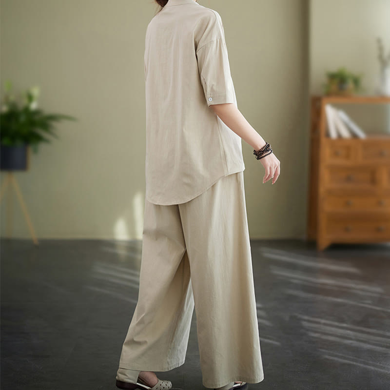 Ensemble 2 pièces décontracté à boutons et manches mi-longues, motif Buddha Stones , pantalon large avec poches, en coton, vêtements zen pour femmes - image 18