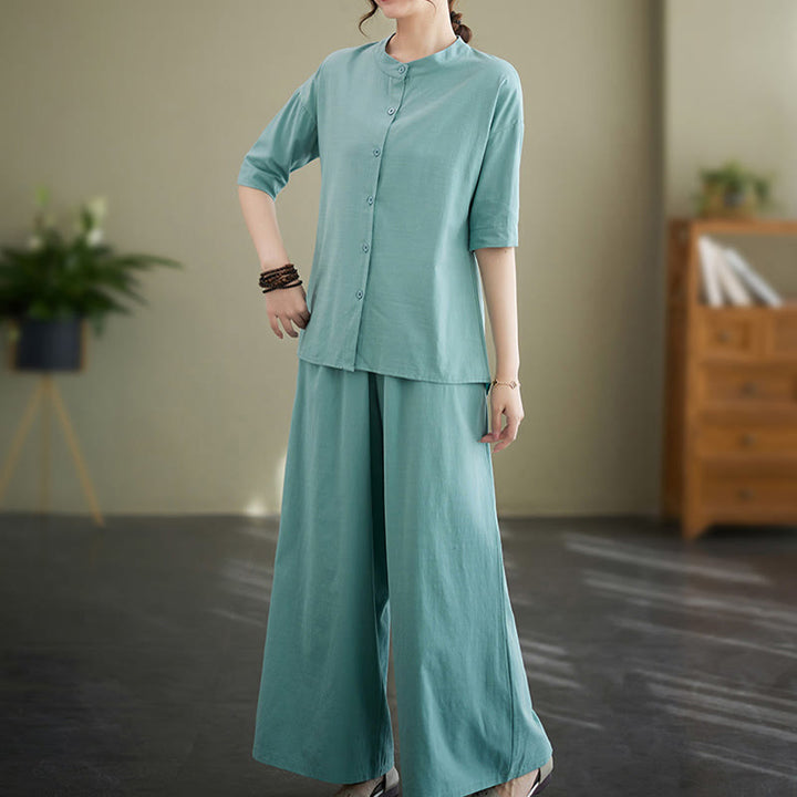 Ensemble 2 pièces décontracté à boutons et manches mi-longues, motif Buddha Stones , pantalon large avec poches, en coton, vêtements zen pour femmes - image 10