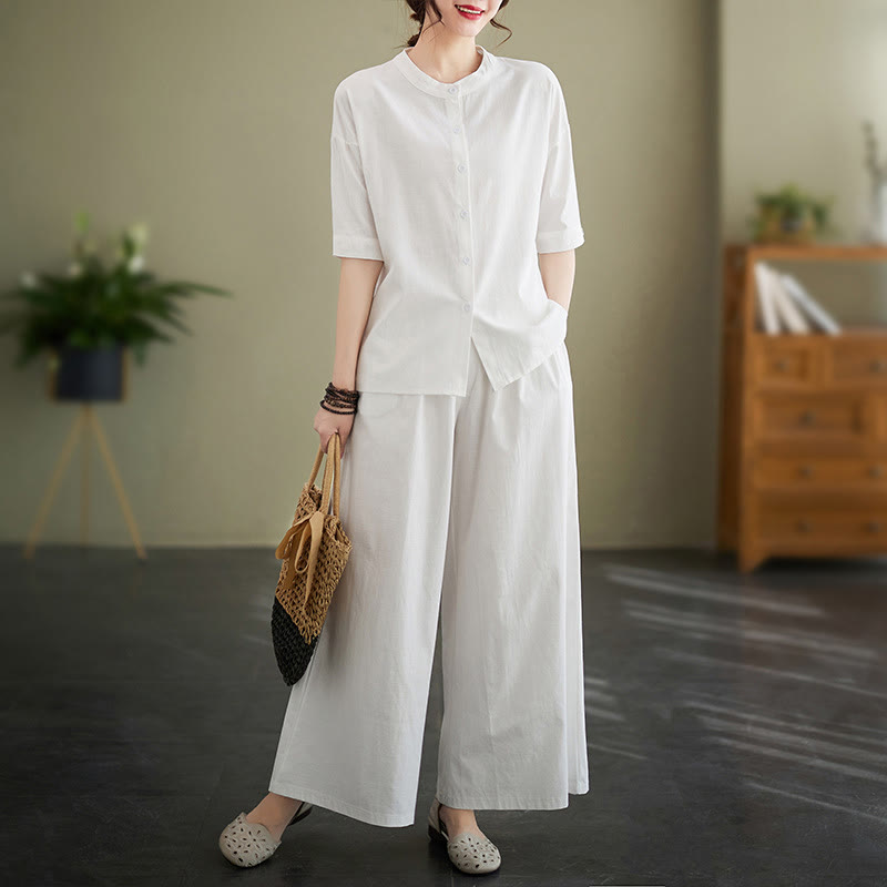 Ensemble 2 pièces décontracté à boutons et manches mi-longues, motif Buddha Stones , pantalon large avec poches, en coton, vêtements zen pour femmes - Blanc - US8-10，UK/AU12-14，EU40-42 (2XL) - image 0
