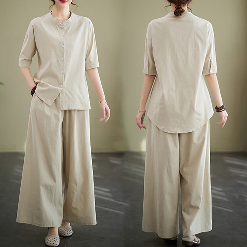 Ensemble 2 pièces décontracté à boutons et manches mi-longues, motif Buddha Stones , pantalon large avec poches, en coton, vêtements zen pour femmes - image 29