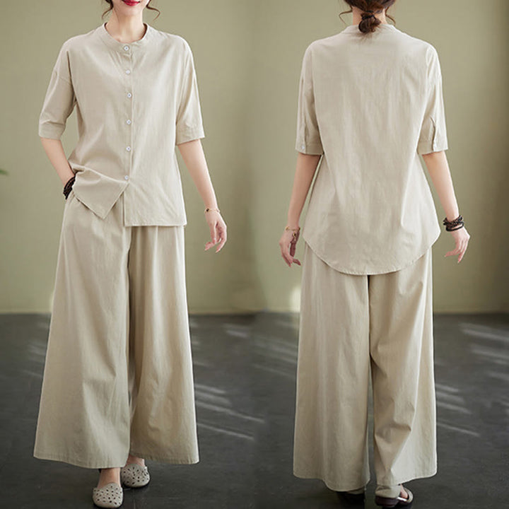 Ensemble 2 pièces décontracté à boutons et manches mi-longues, motif Buddha Stones , pantalon large avec poches, en coton, vêtements zen pour femmes - image 29