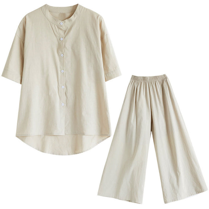 Ensemble 2 pièces décontracté à boutons et manches mi-longues, motif Buddha Stones , pantalon large avec poches, en coton, vêtements zen pour femmes - image 30