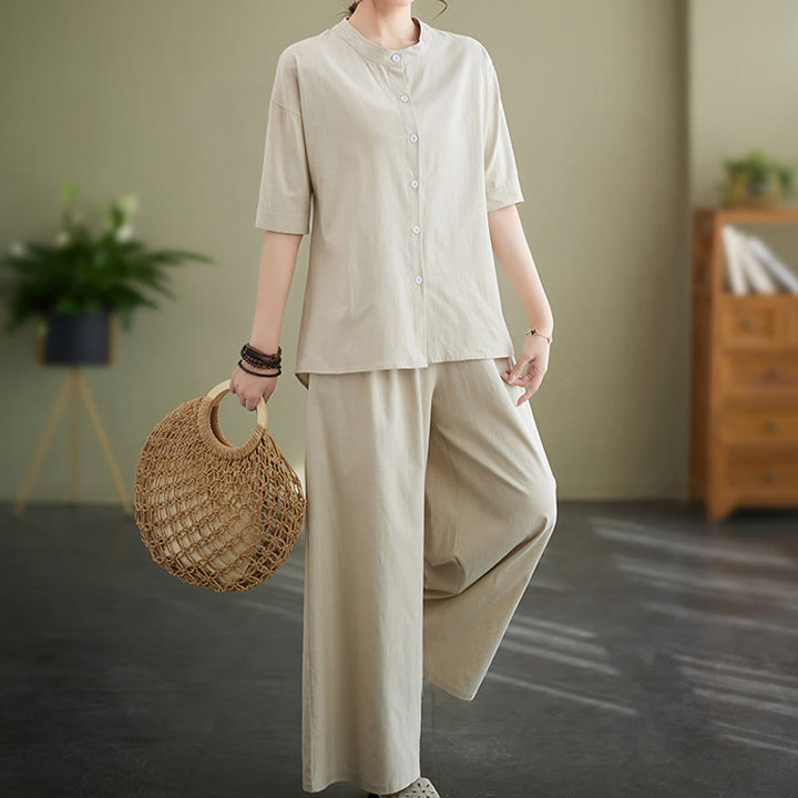 Ensemble 2 pièces décontracté à boutons et manches mi-longues, motif Buddha Stones , pantalon large avec poches, en coton, vêtements zen pour femmes - image 19