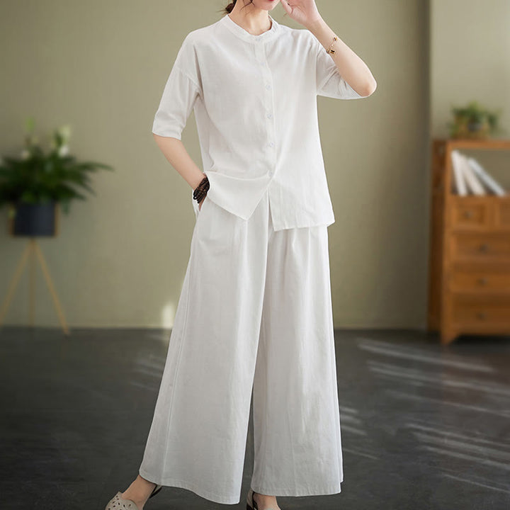 Ensemble 2 pièces décontracté à boutons et manches mi-longues, motif Buddha Stones , pantalon large avec poches, en coton, vêtements zen pour femmes - image 2