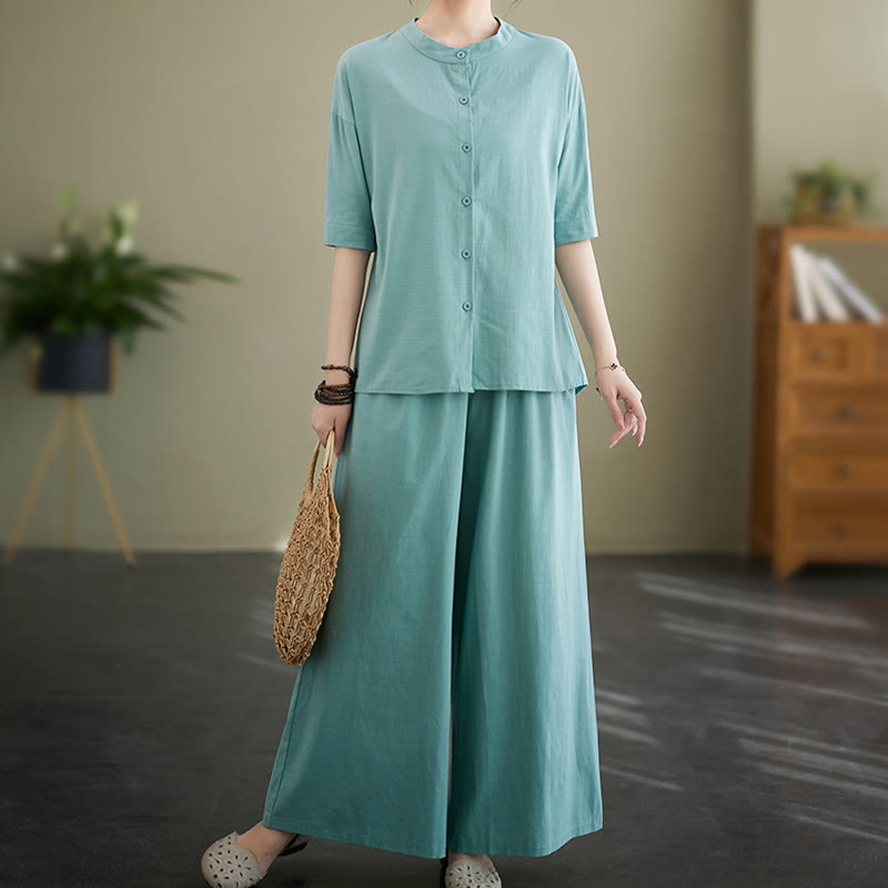 Ensemble 2 pièces décontracté à boutons et manches mi-longues, motif Buddha Stones , pantalon large avec poches, en coton, vêtements zen pour femmes - image 9