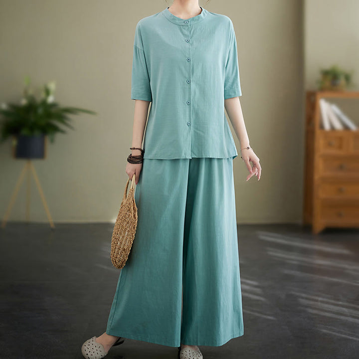 Ensemble 2 pièces décontracté à boutons et manches mi-longues, motif Buddha Stones , pantalon large avec poches, en coton, vêtements zen pour femmes - image 9