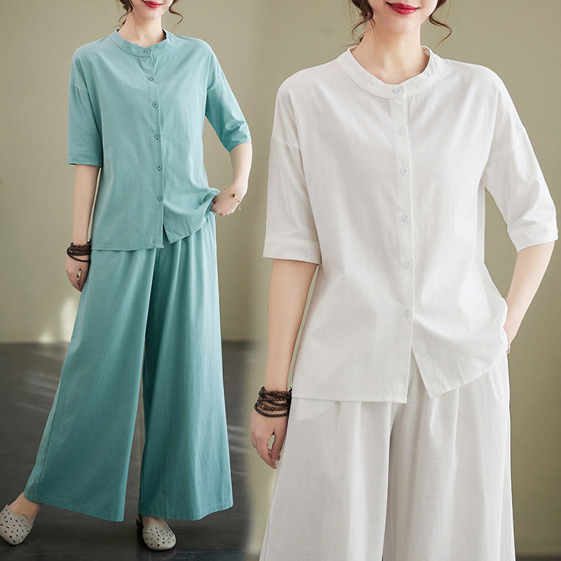 Ensemble 2 pièces décontracté à boutons et manches mi-longues, motif Buddha Stones , pantalon large avec poches, en coton, vêtements zen pour femmes - image 15