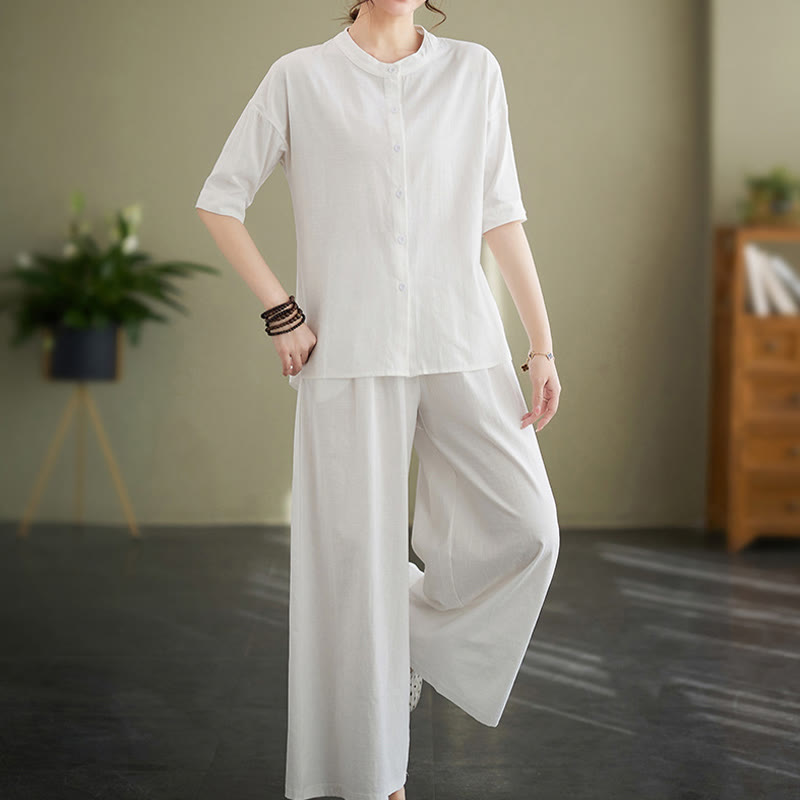 Ensemble 2 pièces décontracté à boutons et manches mi-longues, motif Buddha Stones , pantalon large avec poches, en coton, vêtements zen pour femmes - image 3