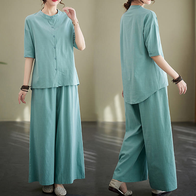 Ensemble 2 pièces décontracté à boutons et manches mi-longues, motif Buddha Stones , pantalon large avec poches, en coton, vêtements zen pour femmes - image 13