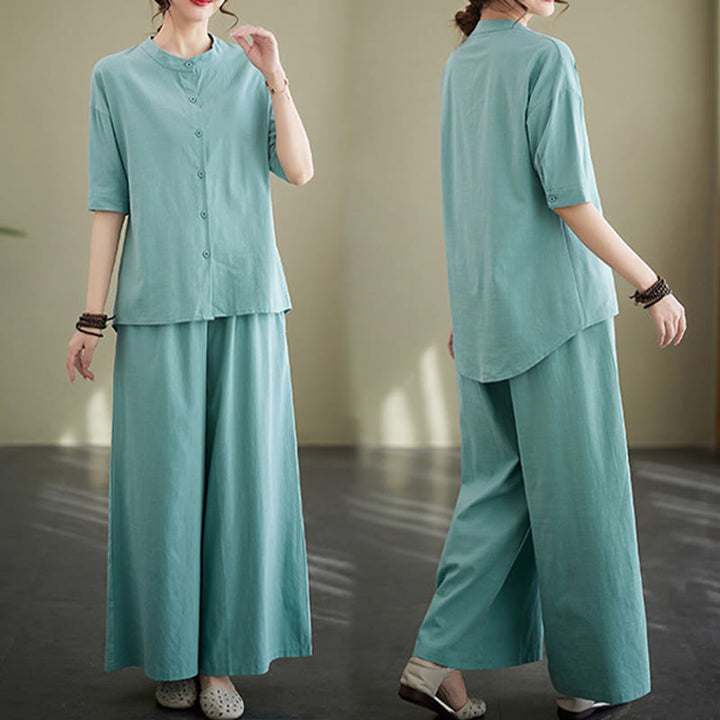 Ensemble 2 pièces décontracté à boutons et manches mi-longues, motif Buddha Stones , pantalon large avec poches, en coton, vêtements zen pour femmes - image 13