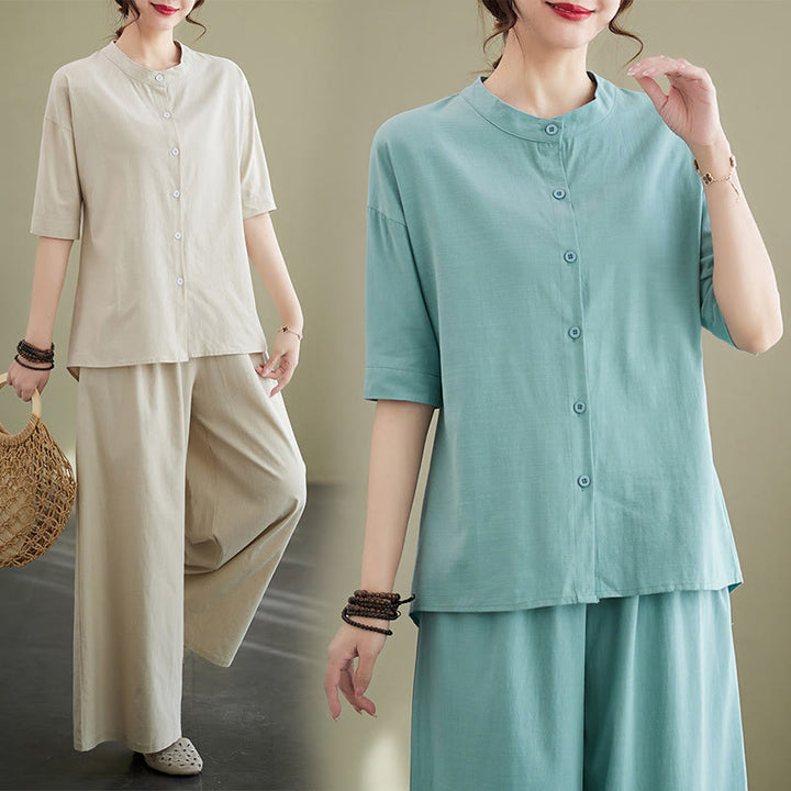 Ensemble 2 pièces décontracté à boutons et manches mi-longues, motif Buddha Stones , pantalon large avec poches, en coton, vêtements zen pour femmes - image 14