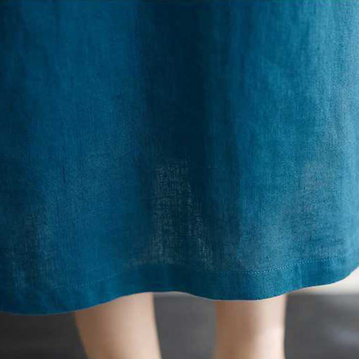 Robe mi-longue en lin à manches courtes et col montant avec Buddha Stones et poches - image 24