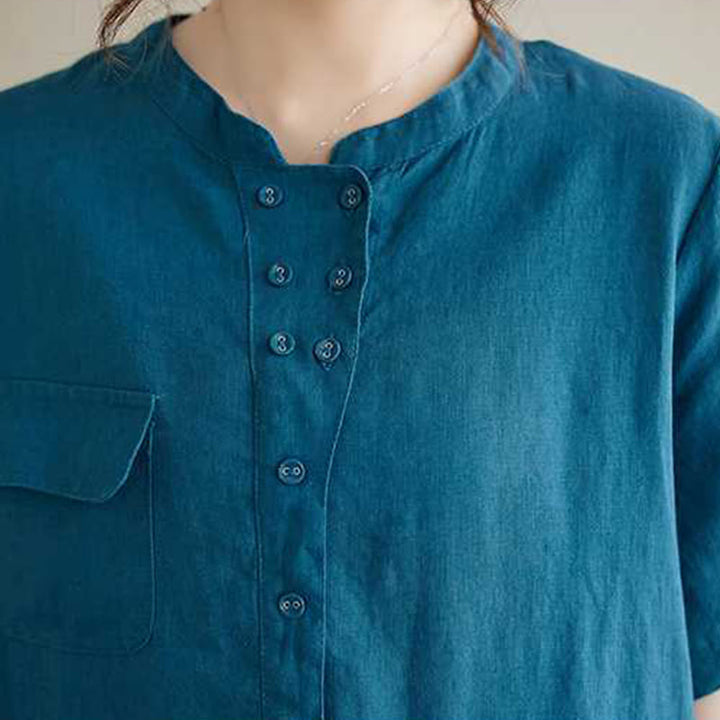 Robe mi-longue en lin à manches courtes et col montant avec Buddha Stones et poches - image 19