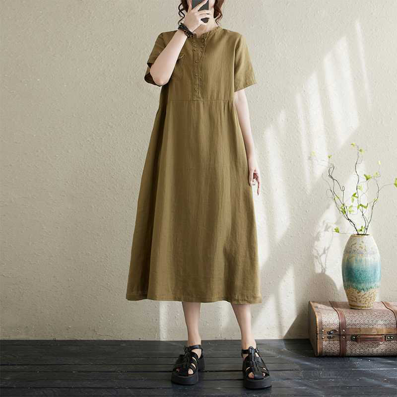 Robe mi-longue en lin à manches courtes et col montant avec Buddha Stones et poches - OliveDrab - US8-10，UK/AU12-14，EU40-42 (2XL) - image 7