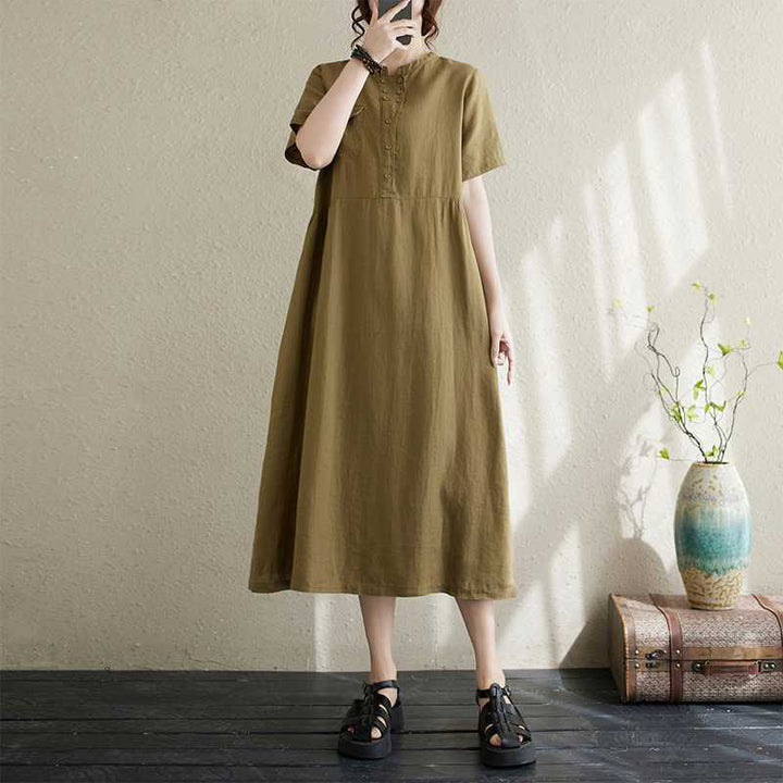 Robe mi-longue en lin à manches courtes et col montant avec Buddha Stones et poches - OliveDrab - US8-10，UK/AU12-14，EU40-42 (2XL) - image 7