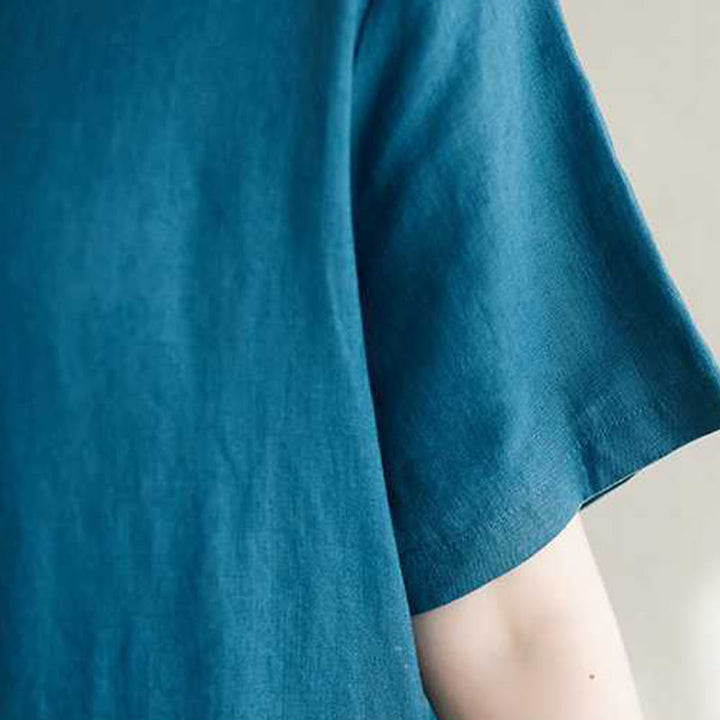 Robe mi-longue en lin à manches courtes et col montant avec Buddha Stones et poches - image 21