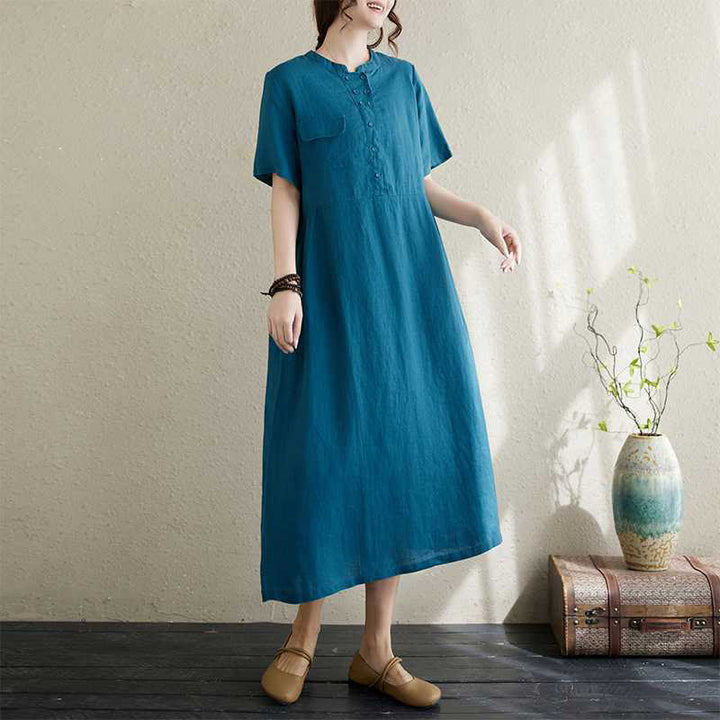 Robe mi-longue en lin à manches courtes et col montant avec Buddha Stones et poches - DodgerBlue - US8-10，UK/AU12-14，EU40-42 (2XL) - image 16
