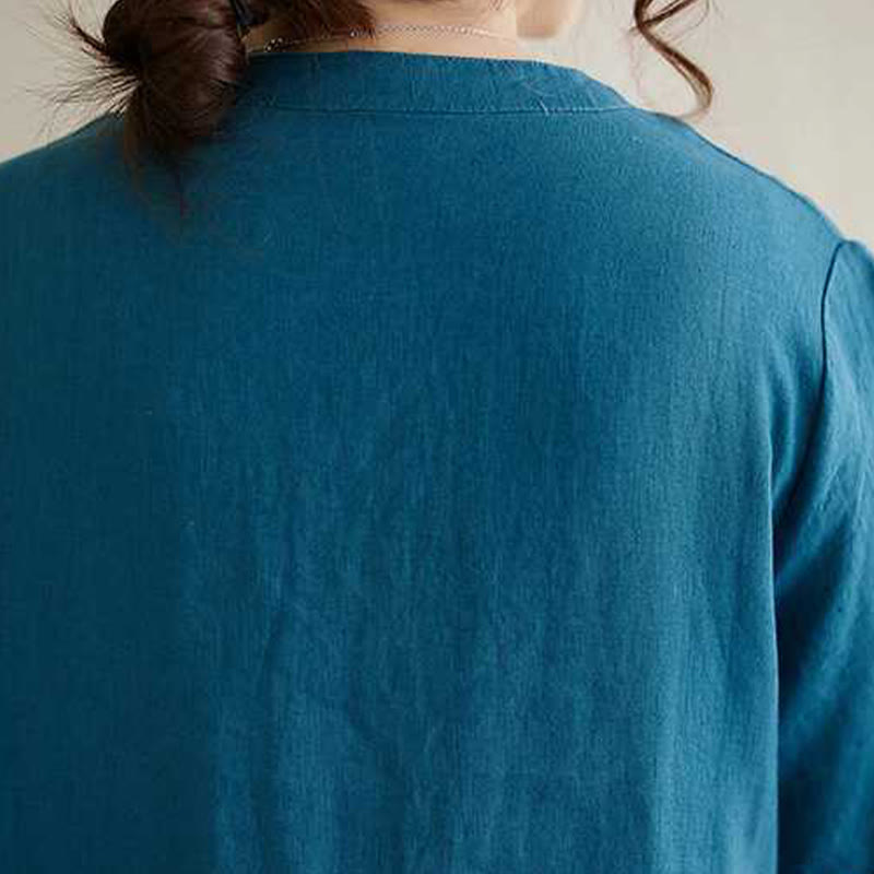 Robe mi-longue en lin à manches courtes et col montant avec Buddha Stones et poches - image 20