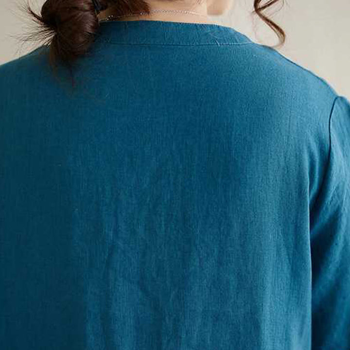 Robe mi-longue en lin à manches courtes et col montant avec Buddha Stones et poches - image 20