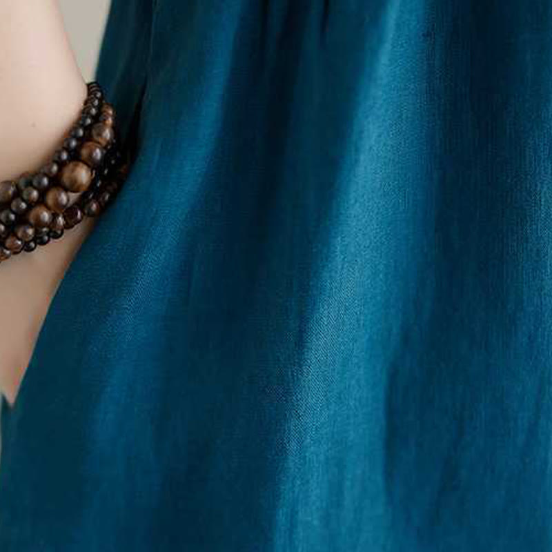 Robe mi-longue en lin à manches courtes et col montant avec Buddha Stones et poches - image 23