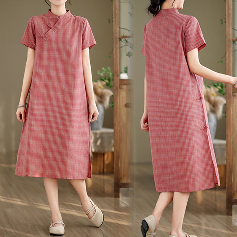Robe midi cheongsam améliorée en coton et Buddha Stones à carreaux et manches courtes, motif grenouille et boutons - image 9