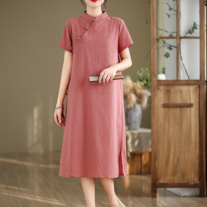 Robe midi cheongsam améliorée en coton et Buddha Stones à carreaux et manches courtes, motif grenouille et boutons - Saumon - US8-10，UK/AU12-14，EU40-42 (2XL) - image 1