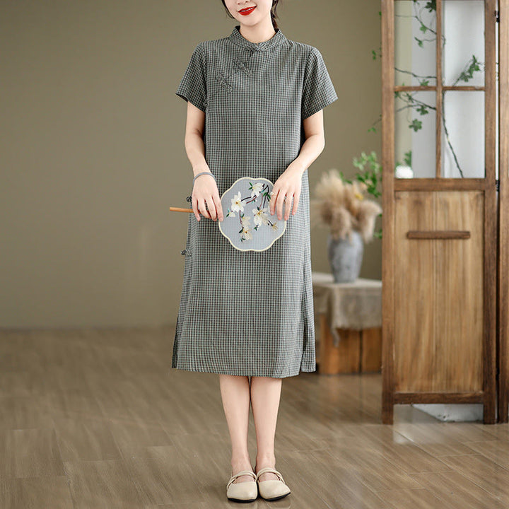 Robe midi cheongsam améliorée en coton et Buddha Stones à carreaux et manches courtes, motif grenouille et boutons - Gris - US8-10，UK/AU12-14，EU40-42 (2XL) - image 10