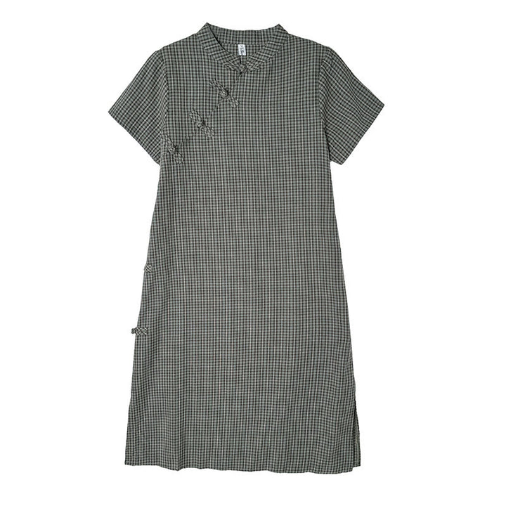 Robe midi cheongsam améliorée en coton et Buddha Stones à carreaux et manches courtes, motif grenouille et boutons - image 15