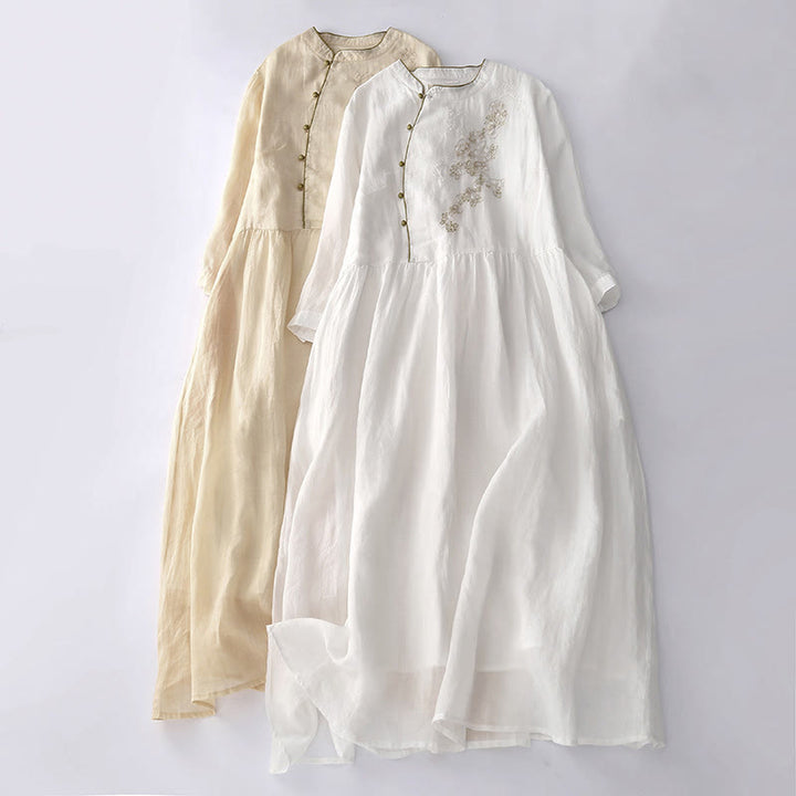 Robe mi-longue en coton et lin à manches longues avec boutons brodés de Buddha Stones et poches - image 24