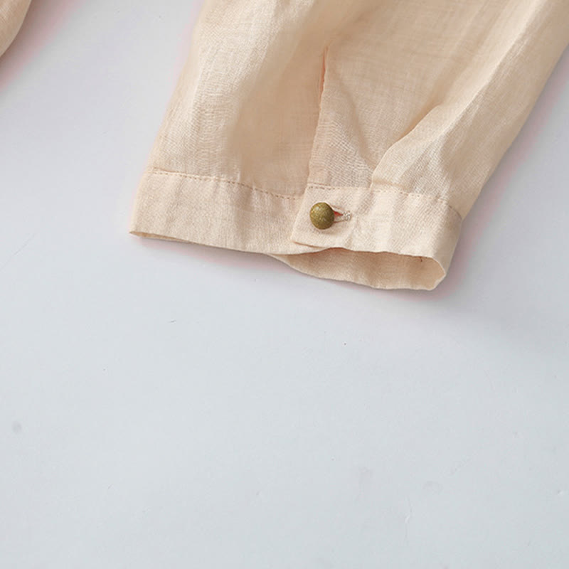 Robe mi-longue en coton et lin à manches longues avec boutons brodés de Buddha Stones et poches - image 8