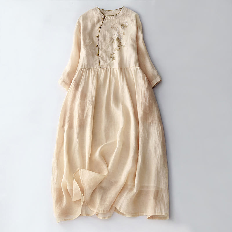Robe mi-longue en coton et lin à manches longues avec boutons brodés de Buddha Stones et poches - Chiffon au citron - US8-10，UK/AU12-14，EU40-42 (2XL) - image 1