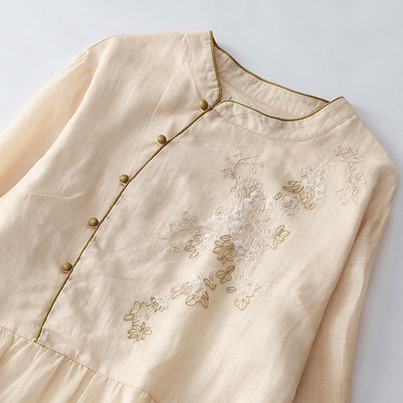 Robe mi-longue en coton et lin à manches longues avec boutons brodés de Buddha Stones et poches - image 2