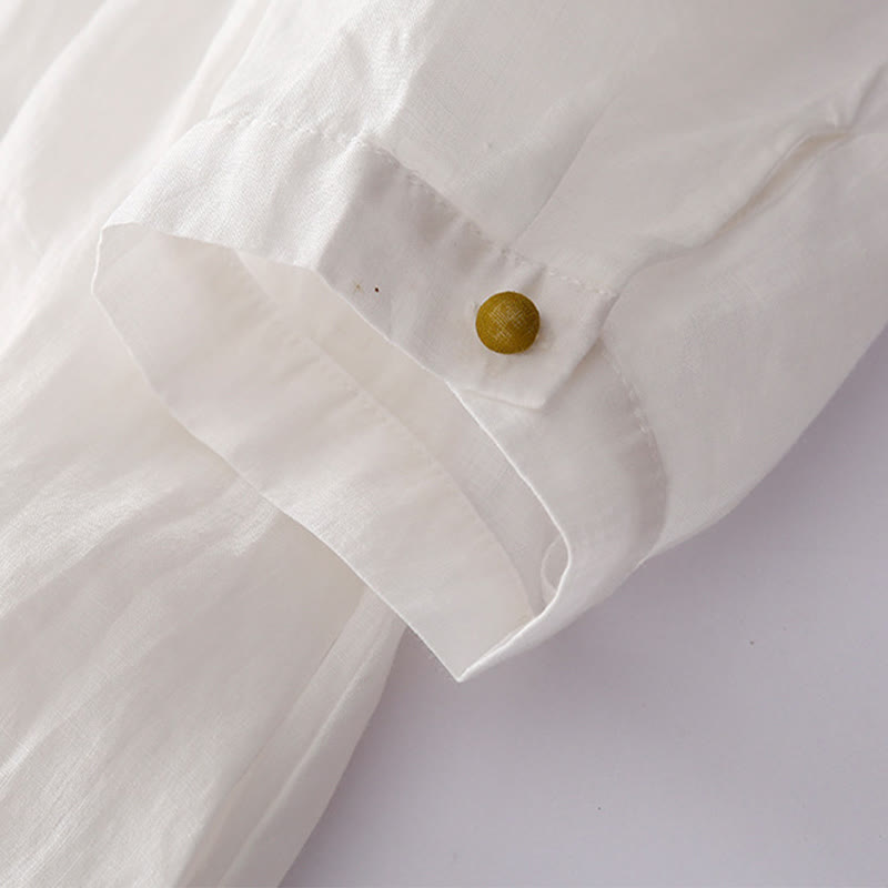 Robe mi-longue en coton et lin à manches longues avec boutons brodés de Buddha Stones et poches - image 21