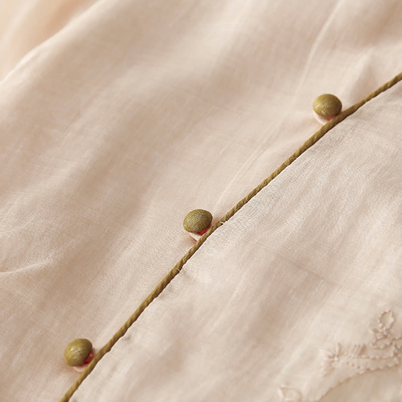 Robe mi-longue en coton et lin à manches longues avec boutons brodés de Buddha Stones et poches - image 6