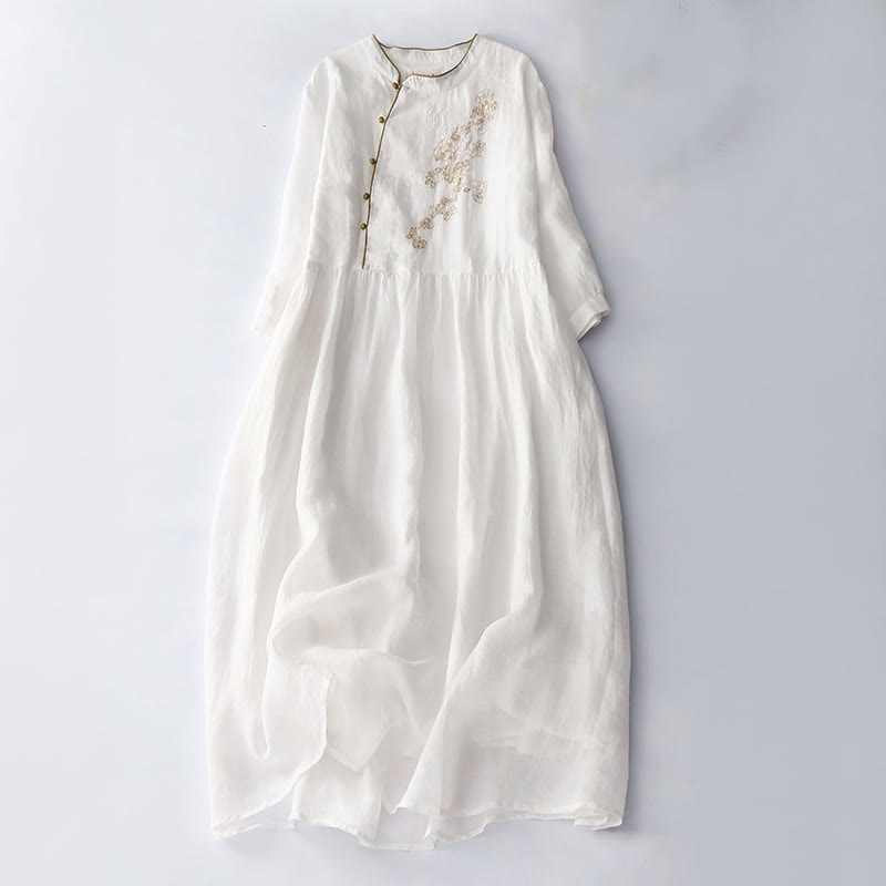 Robe mi-longue en coton et lin à manches longues avec boutons brodés de Buddha Stones et poches - Blanc - US8-10，UK/AU12-14，EU40-42 (2XL) - image 15