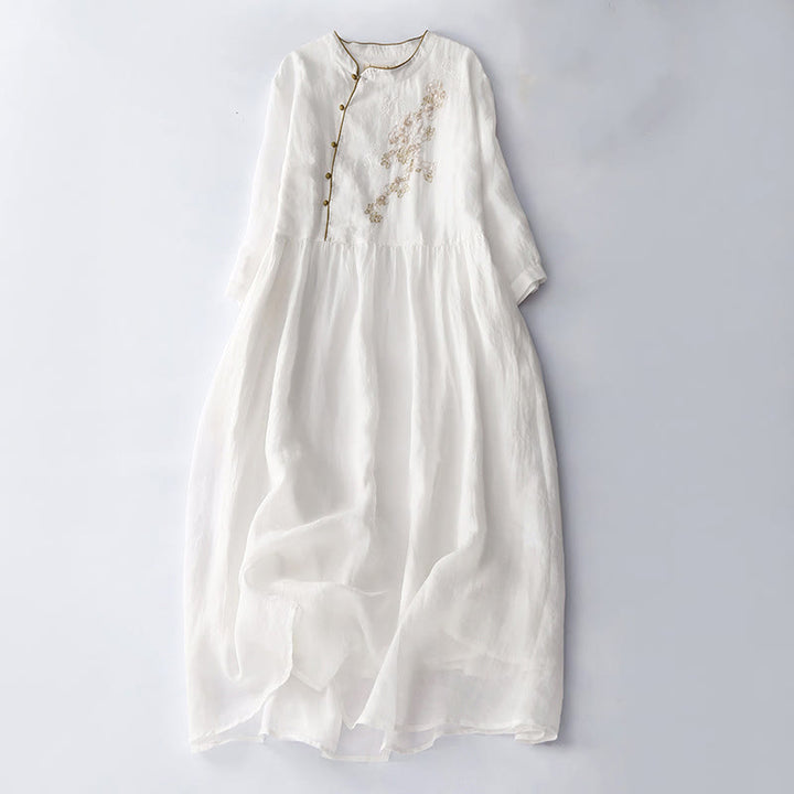 Robe mi-longue en coton et lin à manches longues avec boutons brodés de Buddha Stones et poches - Blanc - US8-10，UK/AU12-14，EU40-42 (2XL) - image 15