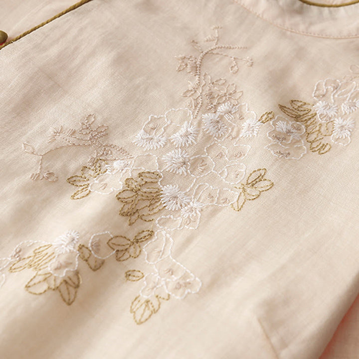 Robe mi-longue en coton et lin à manches longues avec boutons brodés de Buddha Stones et poches - image 6