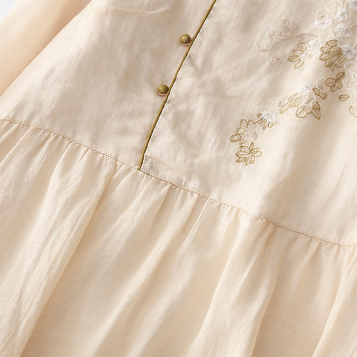 Robe mi-longue en coton et lin à manches longues avec boutons brodés de Buddha Stones et poches - image 4