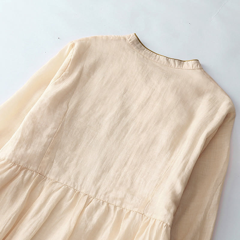 Robe mi-longue en coton et lin à manches longues avec boutons brodés de Buddha Stones et poches - image 3