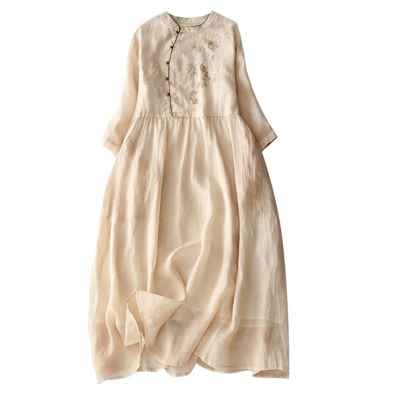 Robe mi-longue en coton et lin à manches longues avec boutons brodés de Buddha Stones et poches - image 14