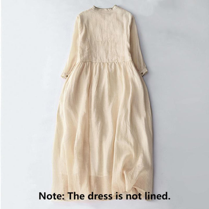 Robe mi-longue en coton et lin à manches longues avec boutons brodés de Buddha Stones et poches - image 1