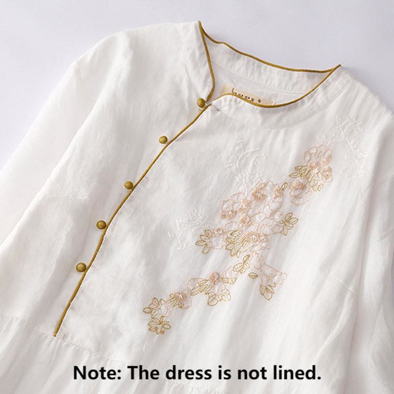 Robe mi-longue en coton et lin à manches longues avec boutons brodés de Buddha Stones et poches - image 17