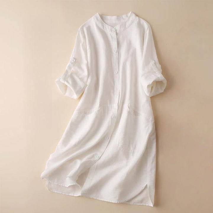 Robe mi-longue unie à manches longues et col montant en coton et lin avec poches, motif Buddha Stones et boutons - FloralBlanc - US12，UK/AU16，EU44 (2XL) - image 9