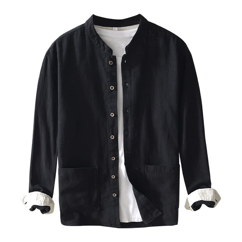 Chemise homme en coton et lin à manches longues et boutons, couleur Buddha Stones, avec poches - image 15